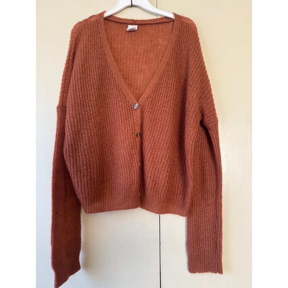Full Tilt Essentials Womens XL Rust Orange Open Knit V-Neck Button Cardigan